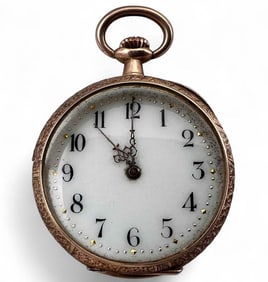 12K Gold Ladies Pocket Watch With Etched Iris Motif