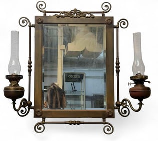 Victorian Brass Mirror With Oil Lamps