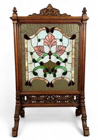 Gothic Revival Jeweled Leaded Glass Fire Screen