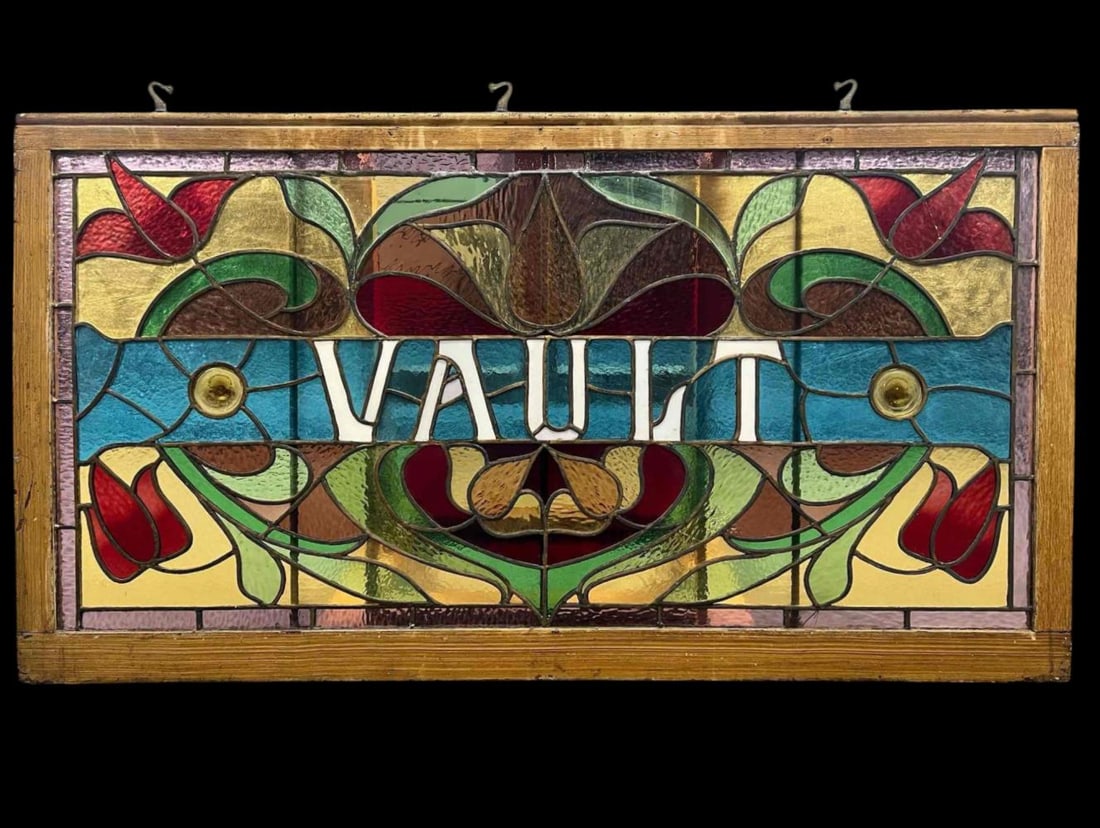 Large Antique Leaded Glass Bank Vault Sign (1 of 14)