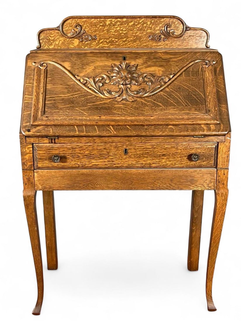 Tiger Oak Secretary Desk With Carved North Wind, Ca. 1900 (1 of 14)