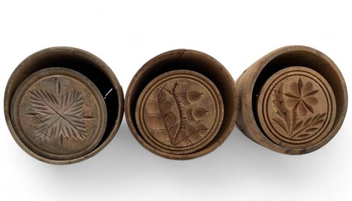 Three Primitive Wooden Butter Molds, One With Acorn & Oak Leaf Design