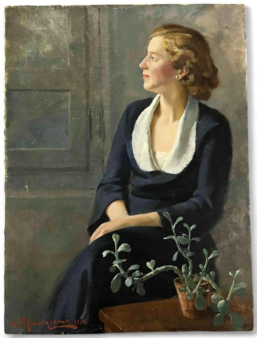 Armando Marchegiani (Italian, 1902-1987), Portrait Of A Woman With Potted Succulent, Oil On Canvas: Armando Marchegiani (Italian, 1902-1987), Portrait Of A Woman With Potted Succulent, Oil On Canvas, Attached To Board. Signed "A. Marchegiani," lower left. Dated 1935. Approximately 39.25H x 29.25W in