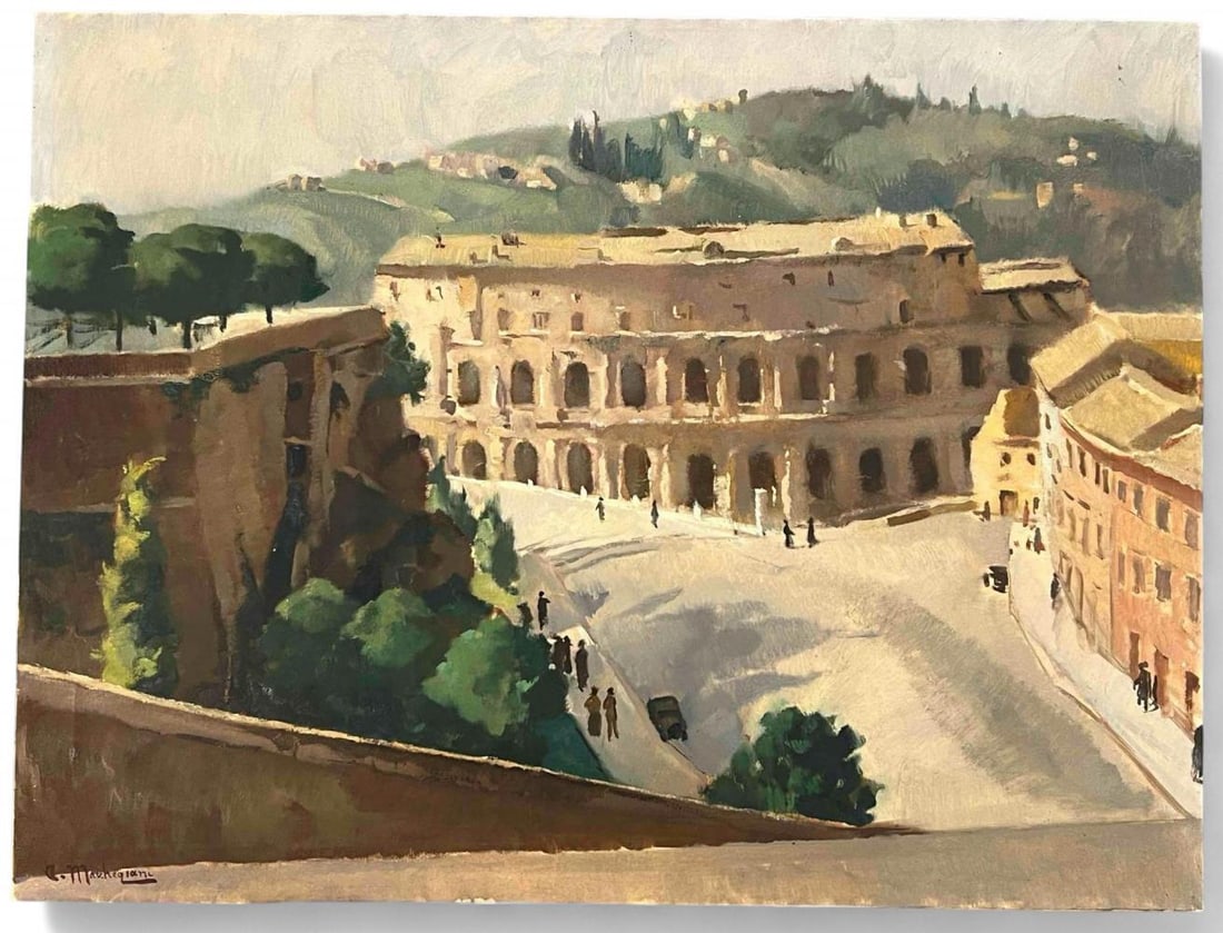 Armando Marchegiani (Italian, 1902-1987), Roman Street Scene, Oil On Canvas: Armando Marchegiani (Italian, 1902-1987), Roman Street Scene, Oil On Canvas, Attached To Board. Signed "A. Marchegiani" lower left. Approximately 39.125W x 29.625H in.