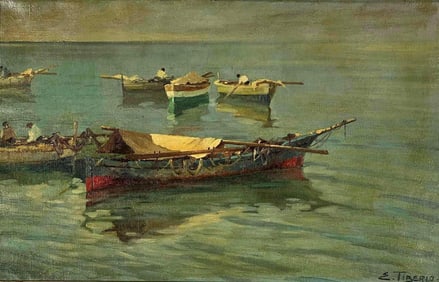 E. Tiberio (Italian, 20th C.), Fishing Boats, Oil On Canvas