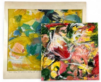 Judith Lindbloom (American, 1933-2016), Two Abstract Paintings, Acrylic On Paper & Record Sleeve