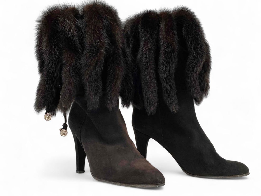 Andrew Geller Suede High Heeled Boots With Mink Fur Rhinestone Tassels: Andrew Geller Suede High Heeled Boots With Mink Fur Rhinestone Tassels, Marked 6 1/2M Made In Italy.