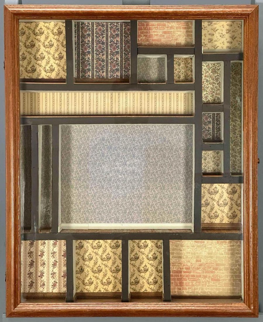 Dollhouse Diorama Shadowbox With Wallpapered Rooms & Wood Plank Floors (1 of 13)