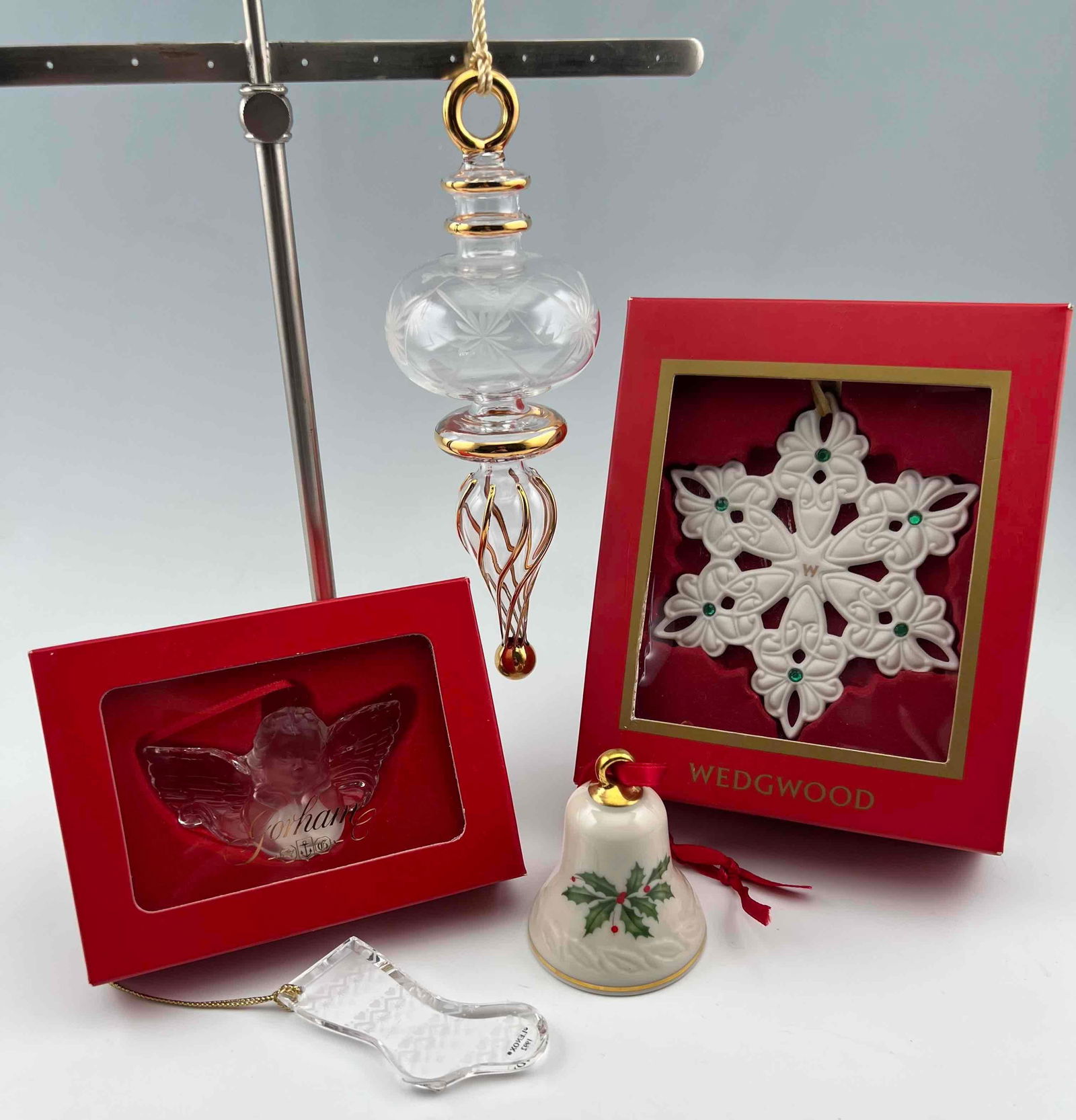 Five Porcelain & Crystal Ornaments Including Wedgwood, Lenox, Gorham, And Waterford: Five Porcelain & Crystal Ornaments Including Wedgwood, Lenox, Gorham, And Waterford.