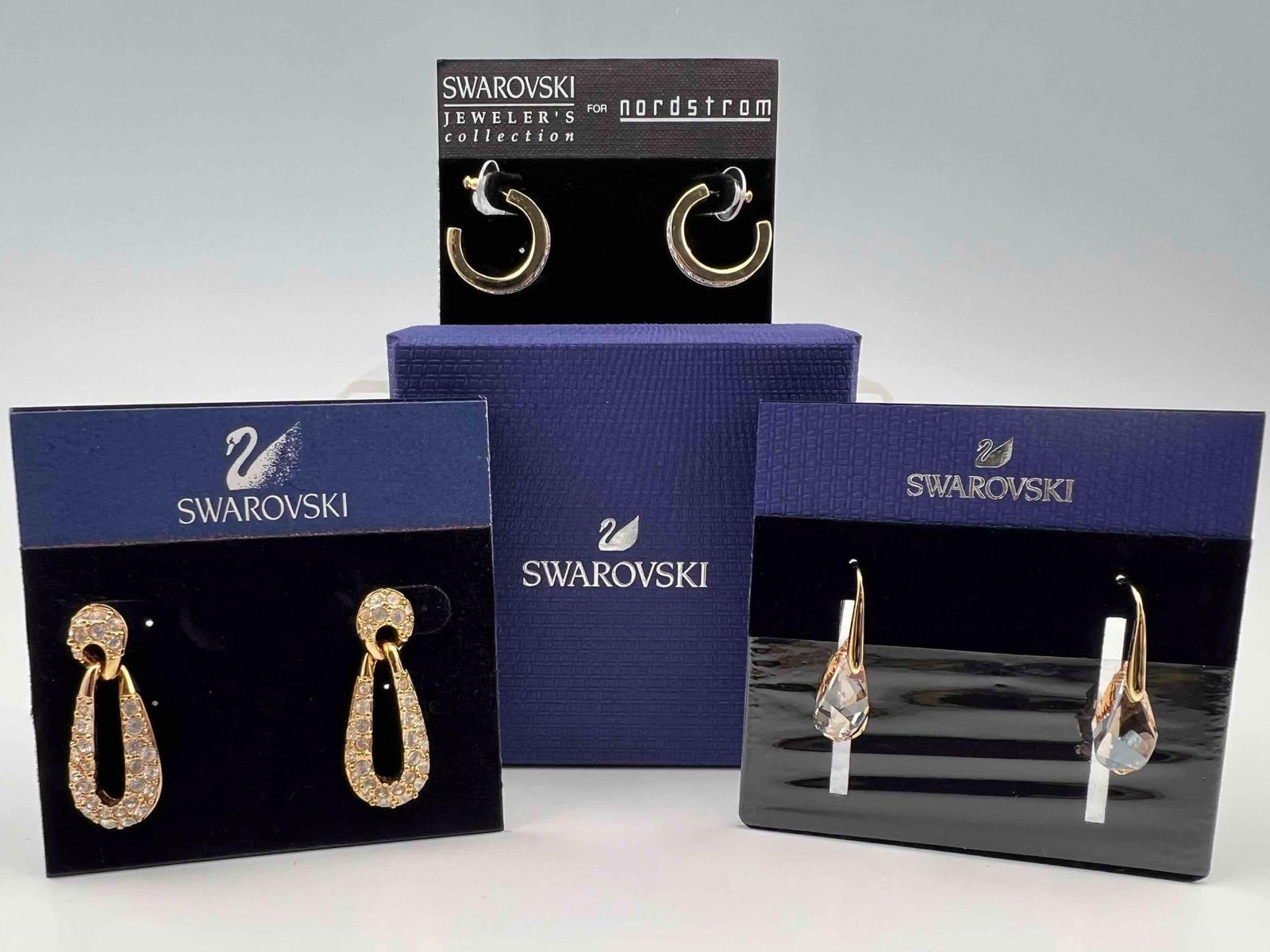 Three Pairs Swarovski Crystal Earrings: Three Pairs Swarovski Crystal Earrings.