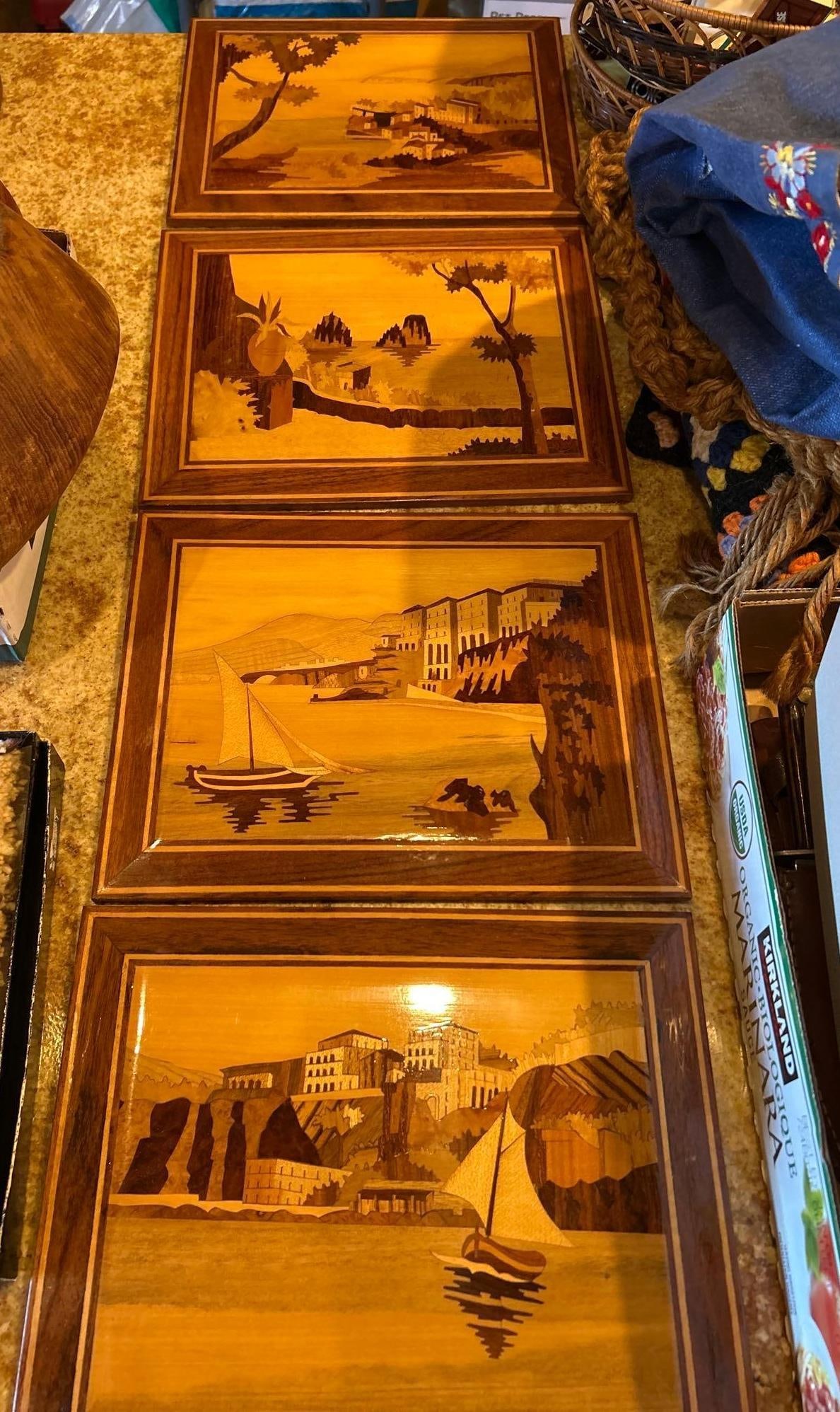 Vintage European Marquetry Tree Wall Plaques: Vintage European marquetry tree wall plaques.