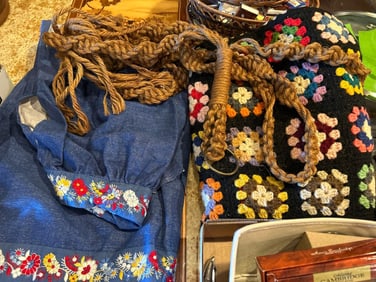 Mid-Century Crocheted Blanket, Apron And Macramé Plant Hanger