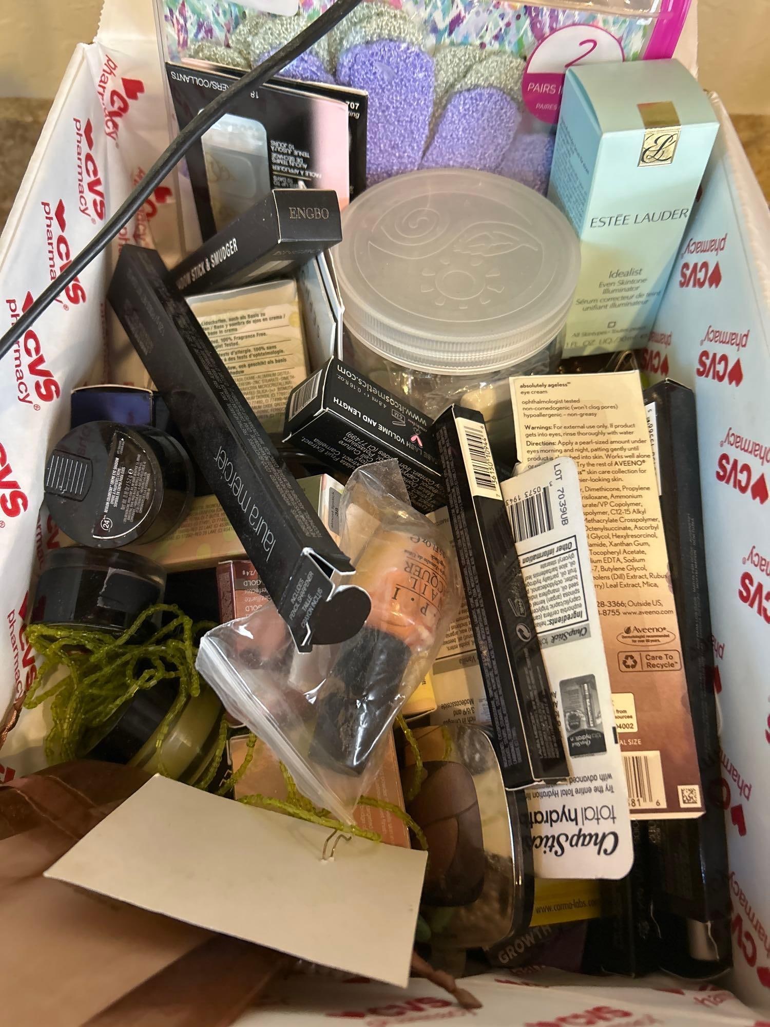 Box Of Makeup, Nail Care And Self-Care Items: Box of makeup, nail care and self-care items.