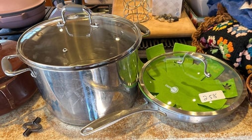Green Pan Skillet And Tin Quart Pot