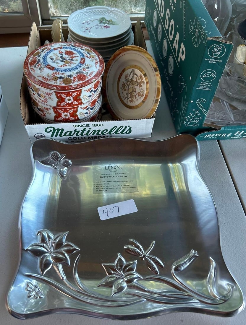 Collection Of Porcelain And Metal Tableware To Include Lennox Butterfly Meadow: Collection of porcelain and metal tableware to include Lennox Butterfly Meadow.
