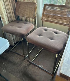 Manner Of Marcel Breuer, Pair Of Mid Century Caned & Upholstered Cantilever Counter Stools