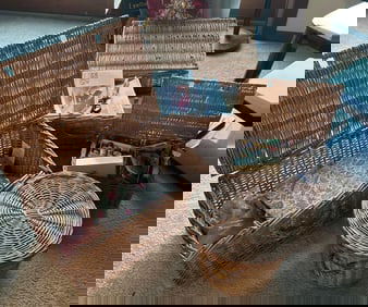 Four Vintage Baskets, Three Filled With Sewing Supplies