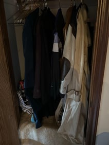 Lot Of Coats, Jackets, And Umbrellas, Various Sizes