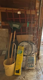 Gardener'S Lot Of Tools & Materials, Including Tomato Cages, Pop Up Tomatoes Accelerators, Rake,
