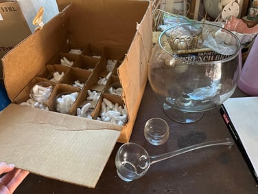 Glass Punch Set With 12 Glasses, Ladle, & Footed Punchbowl