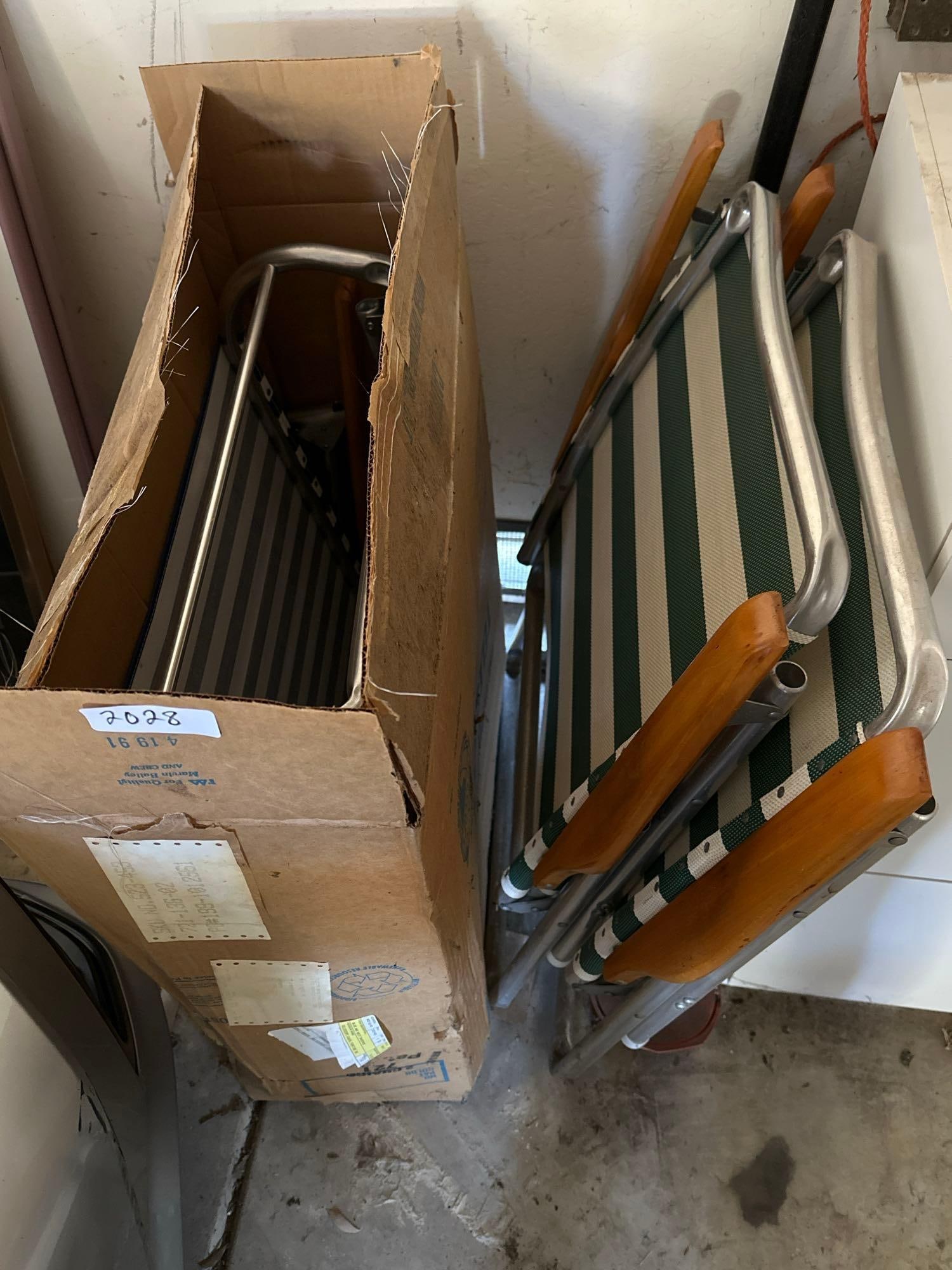 Four Striped Folding Chairs, Teal & Blue: Four striped folding chairs, teal & blue.