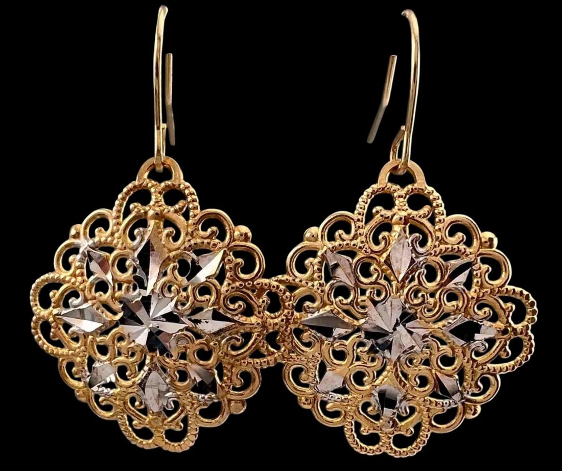 14K Yellow & White Gold Filigree Earrings: 14K Yellow & White Gold Filigree Earrings, 1.2g. Unmarked, test as 14K. Approximately 27.2L x 17.5W mm. ALL CREDIT CARDS WILL BE MANUALLY VERIFIED PRIOR TO SHIPMENT.