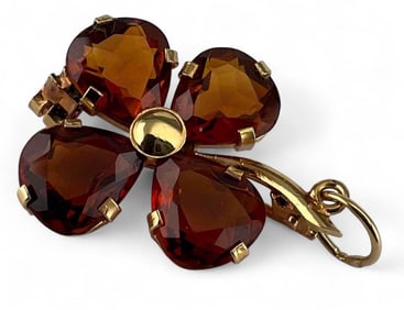 14K Citrine Four Leaf Clover Pendant Brooch