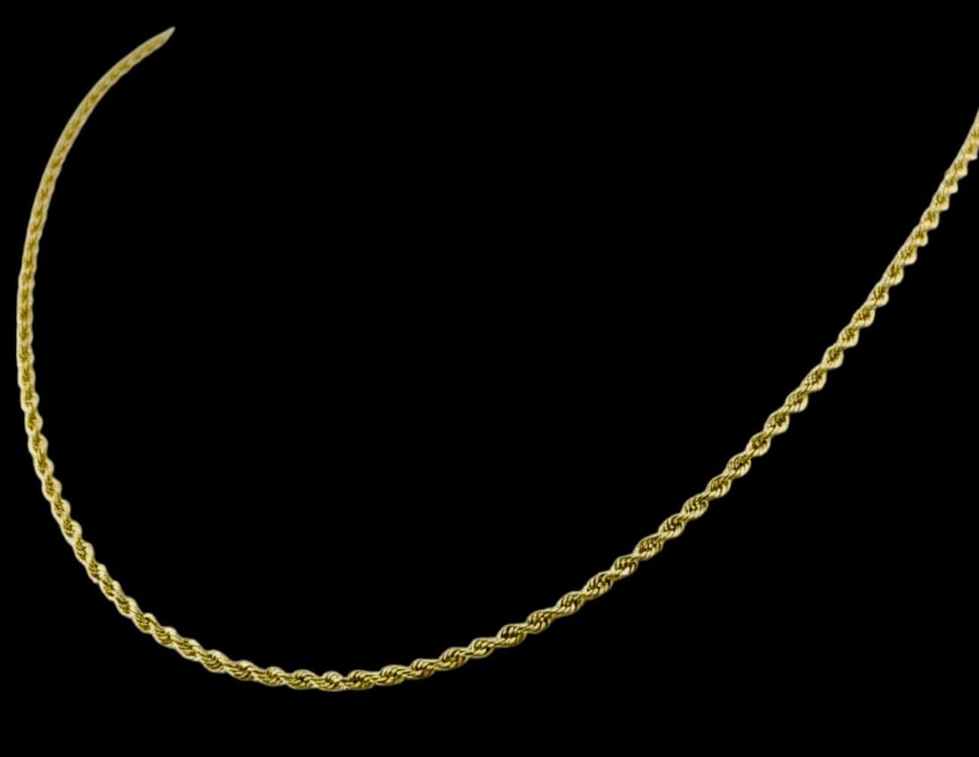 14K Yellow Gold Rope Chain: 14K Yellow Gold Rope Chain, 2.2g. Marked 14K. Length approximately 30.75in. Width approximately 1.7mm. ALL CREDIT CARDS WILL BE MANUALLY VERIFIED PRIOR TO SHIPMENT.