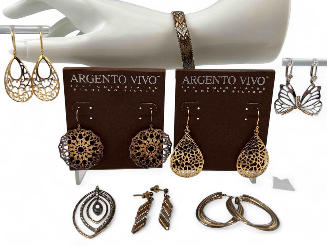 Grouping Of Vermeil & Sterling Silver Jewelry: Grouping Of Vermeil & Two Toned Silver Jewelry, 44.9g. Marked or tests as silver. Bracelet inner circumference approximately 7.125in. Width approximately 7.9mm. Butterfly earrings approximately 36.0L 