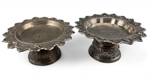 Two Antique Southeast Asian Low Grade Silver Pedestal Trays