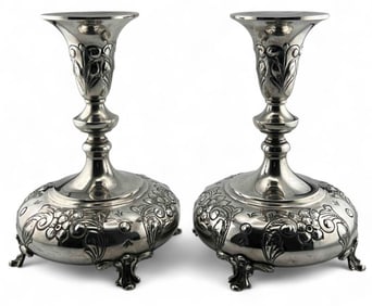 Pair Of Durham Hand Chased Sterling Silver Candlesticks