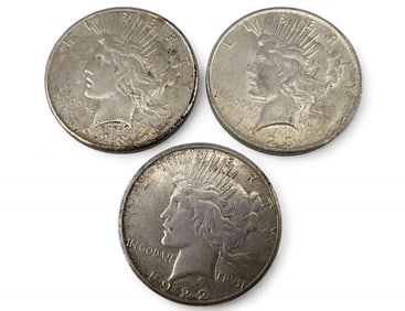 Three U.S. Peace Silver Dollar Coins (1922-1923)
