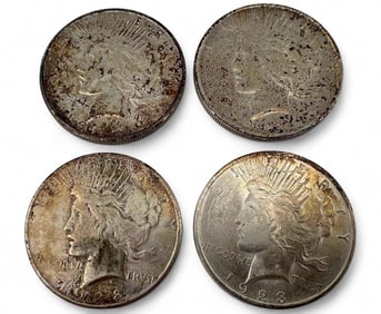 Four U.S. Peace Silver Dollar Coins (1923-1928)