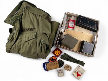 Collection Of Military Badges, Coat & Ephemera, Most World War II