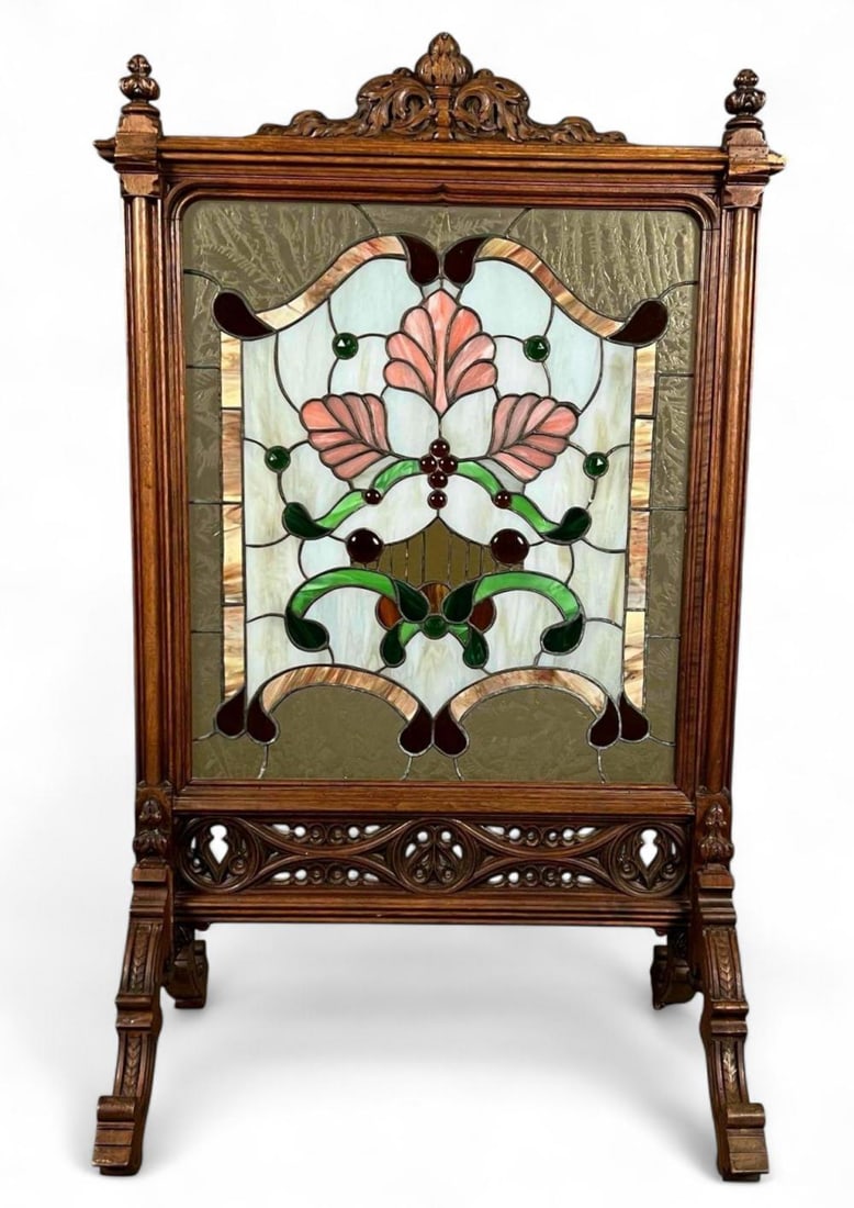 Gothic Revival Jeweled Leaded Glass Fire Screen (1 of 13)