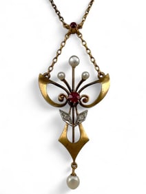 Antique Art Nouveau 14K Ruby Diamond  & Pearl Lavalier Necklace