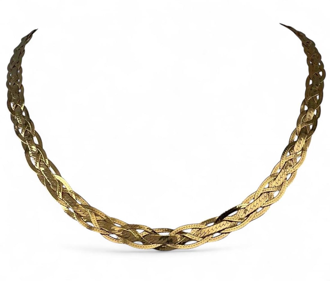 14K Woven Yellow Gold Necklace: 14K Woven Yellow Gold Necklace, 8.6g. Marked "14KT." Length approximately 18.0in. Width approximately 5.0mm. ALL CREDIT CARDS WILL BE MANUALLY VERIFIED PRIOR TO SHIPMENT.