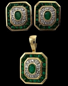 14K Emerald Diamond Pendant  & Ear Clips Set