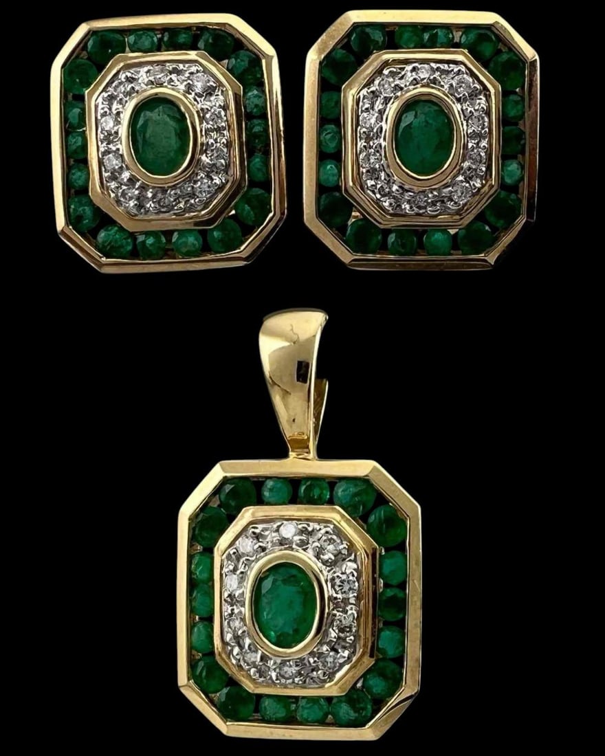 14K Emerald Diamond Pendant  & Ear Clips Set (1 of 7)