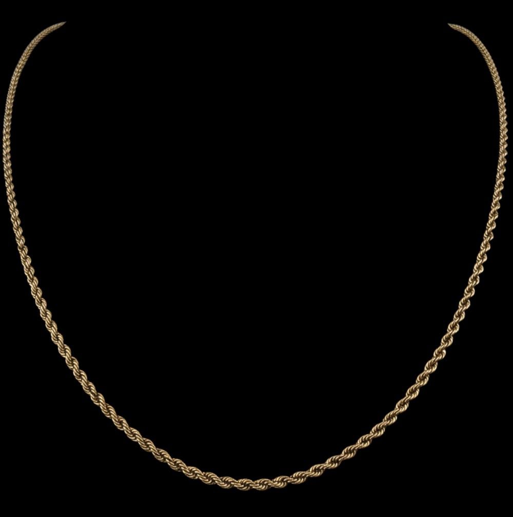14K Yellow Gold Rope Chain: 14K Yellow Gold Rope Chain, 4.8g. Marked 14K. Length approximately 20.25in. Width approximately 1.6mm. ALL CREDIT CARDS WILL BE MANUALLY VERIFIED PRIOR TO SHIPMENT.