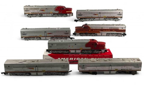 Two American Flyer S Gauge Silver Flash Locomotive & Five Cars