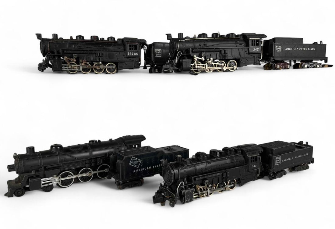 Four American Flyer S Gauge Locomotive & Tenders: Four American Flyer S Gauge Locomotive & Tenders. Includes No. 342AC, Nickel Plate Road; No. 342, Nickel Plate Road; No. 343, Nickel Plate Road; No. 21085.