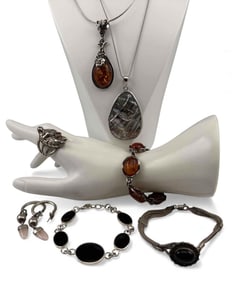 Grouping Of Sterling Silver Jewelry Including Amber