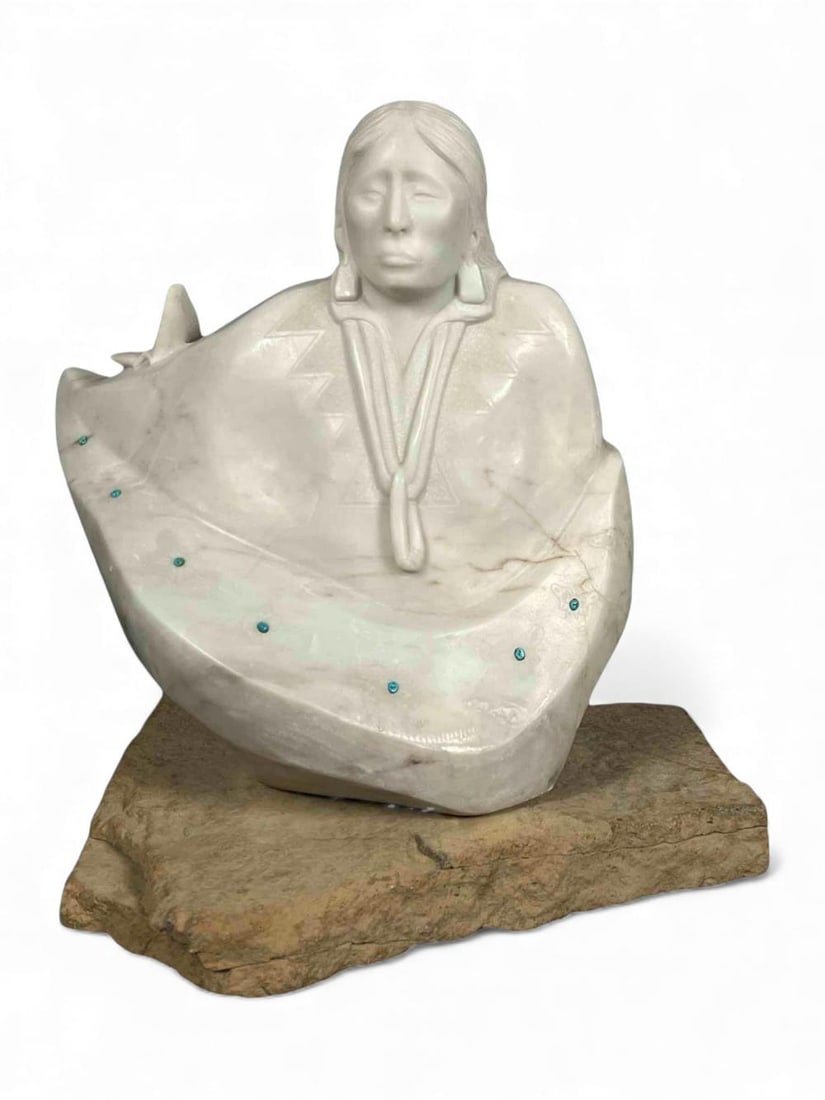 Michael J. Chee, Navajo, Woman With Butterflies, Marble & Turquoise Sculpture (1 of 12)