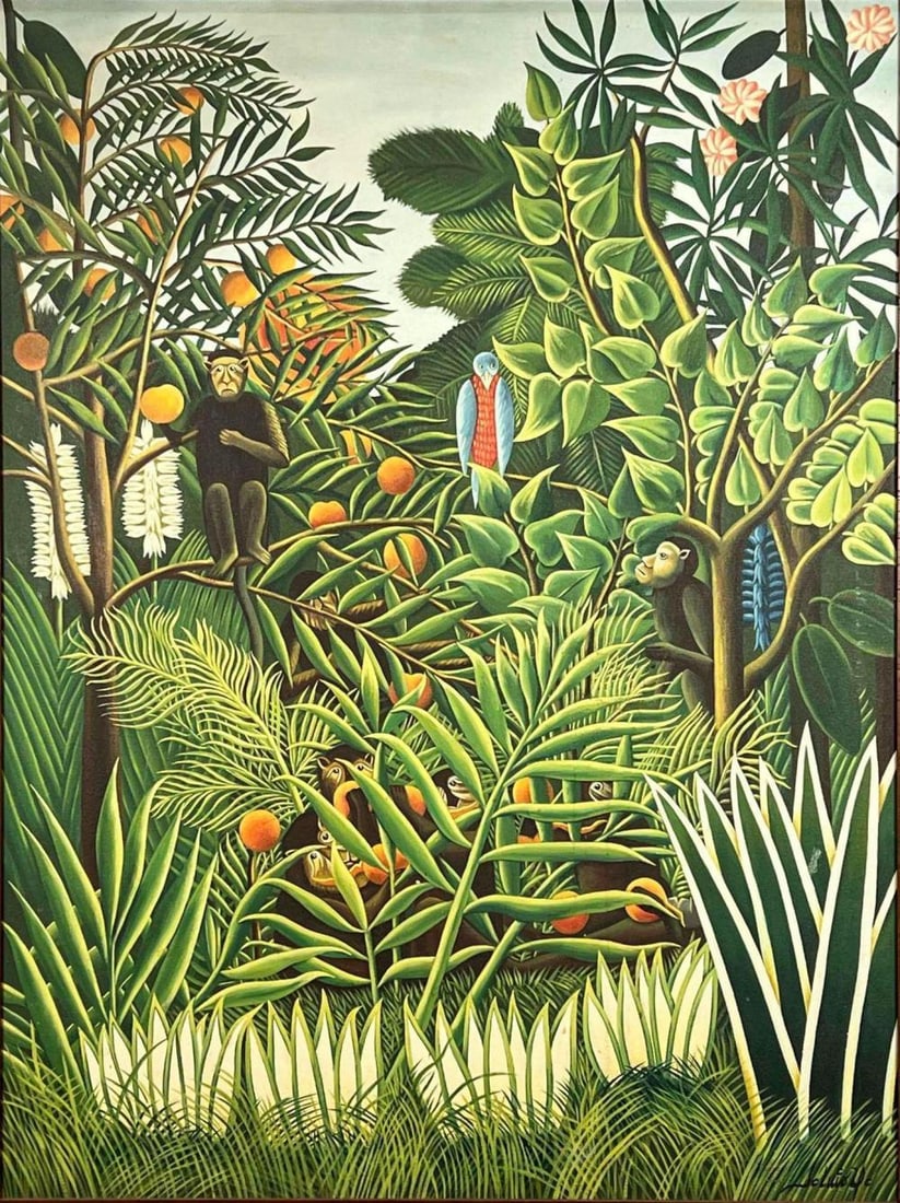 In The Manner Of Henri Rousseau (French, 1844-1910), Naive Jungle Scene, Oil On Canvas: In The Manner Of Henri Rousseau (French, 1844-1910), Naive Jungle Scene, Oil On Canvas. Apparently signed "J. Luis 40," lower right. As framed approximately 49.0H x 37.25W x 1.0D in. Sight approximate