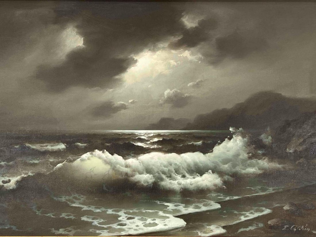 Eugene Garin (Ukrainian, 1922-1994), Seascape, Oil On Canvas: Eugene Garin (Ukrainian, 1922-1994), Seascape, Oil On Canvas. Signed lower right. Artist's copyright stamp on verso. Sight approximately 35.375W x 23.375H in. As framed approximately 39.375W x 27.375H