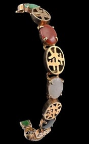 14K Multicolored Jade Chinese Character Bracelet
