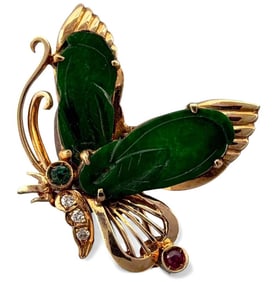 14K Jade Diamond Ruby & Emerald Butterfly Pendant Brooch