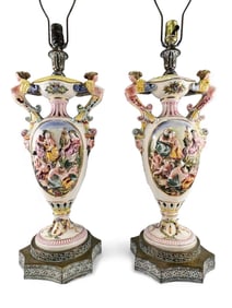 Pair Of Large Brass Mounted Capodimonte Table Lamps