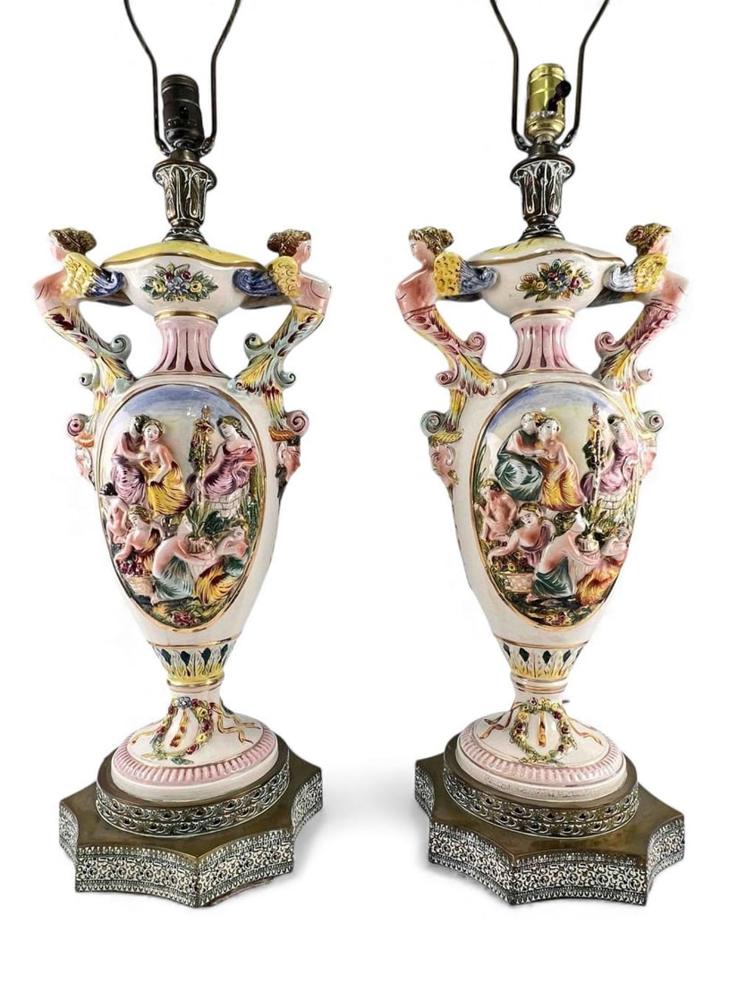 Pair Of Large Brass Mounted Capodimonte Table Lamps: Pair Of Large Brass Mounted Capodimonte Table Lamps. Each approximately 26.0H x 10.0W in (to top of socket). Approximately 40.0H x 10.0W in. (to top of finial).FOR SHIPPING: You may reach out to: QPS